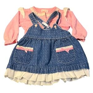 VTG‎ Health-tex Pinafore Outfit Pink Blue Denim Polka Dot Ruffle Lace 12M Girls